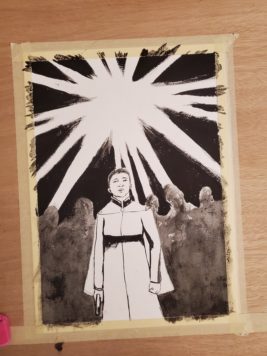 same as previous image, but outlines only. a description of previous image follows. an ink drawing of the character yan from in the shadow of heaven. she is standing in a dark room with bright rays of light above her head, in the midst of a grey and undefined crowd. she is holding a gun in her right hand, and her left fist is clenched. both her hands are at her sides, and she is looking up with a worried expression