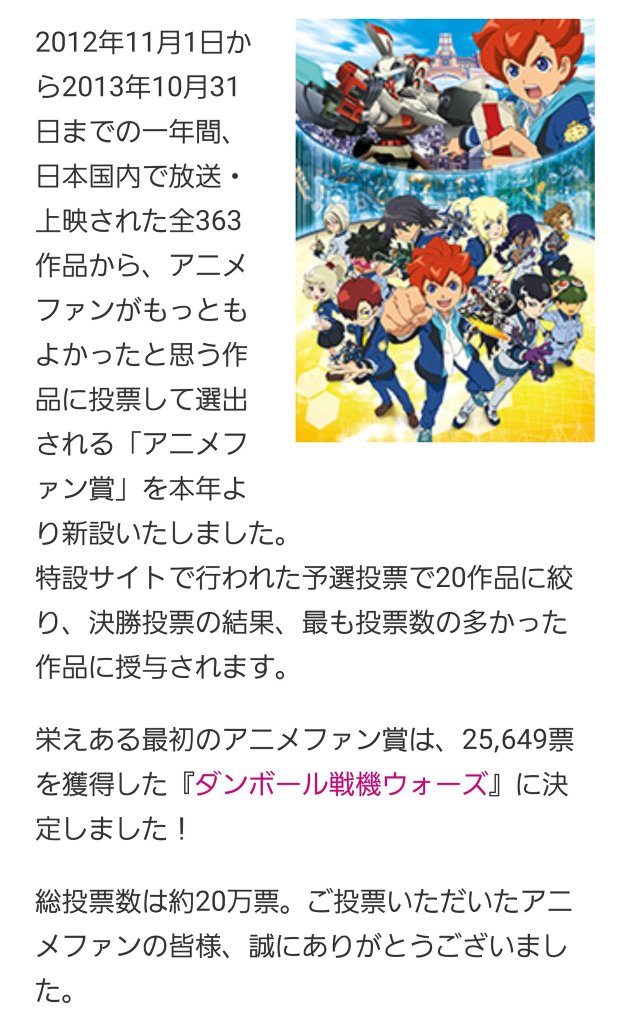 奈緒先生 アニメファン賞自体はは13年から始まっているけど 最初にアニメファン賞を受賞したのはダンボール戦機ウォーズという事実 皆さん ダンボール戦機シリーズを見ましょう 作画やストーリー Bgmなど全てにおいて神がかっている最高の作品です