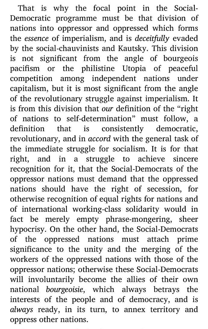 "[T]he division of nations into oppressor and oppressed...forms the *essence* of imperialism, and is *deceitfully* evaded by the social-chauvinists and Kautsky." — V. I.Lenin