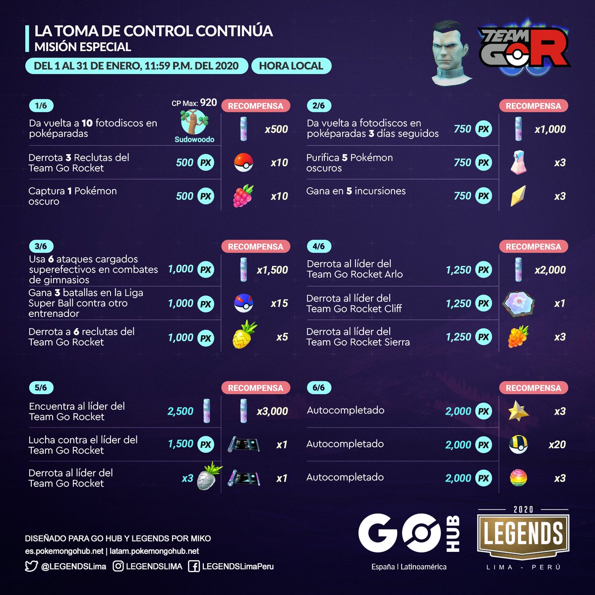 LEGENDSLima's tweet photo. La toma de control continúa.

Una ligera modificación en las misiones de este mes, todos los detalles para conseguir a Moltres oscuro en la siguiente gráfica.

#TeamGoRocket #PokemonGo #PokemonGoApp https://t.co/8EamG80JRl