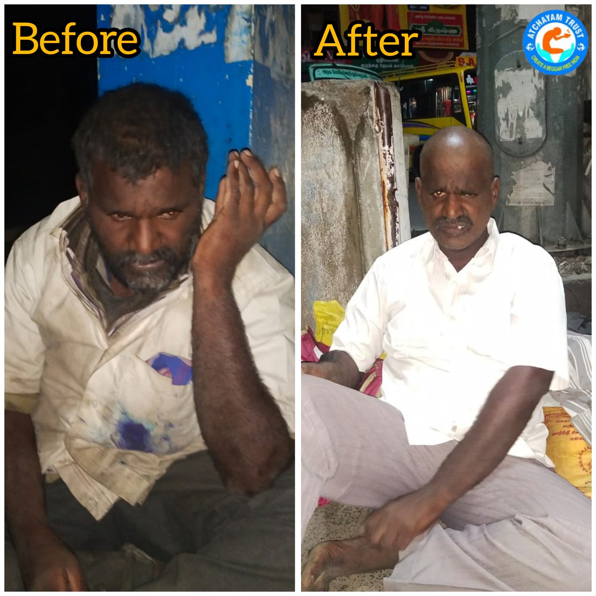 ATCHAYAMTRUST's tweet photo. Nagaraj who was nearly 45, was begging in the streets of Dharmapuri. He was arrogant and so furious. Atchayam volunteers identified and rescued  him on New Year 2020. New Year New Life was Born to him. Lets join together to Create Beggar Free India.
#Humanity #atchayam_trust https://t.co/Xm4Y3KyVdd