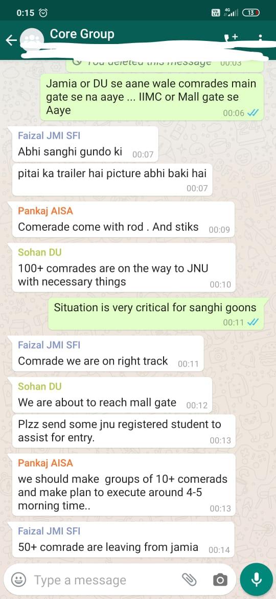 vikasbha's tweet photo. हमला #LeftAttackJNU ने किया और आरोप #ABVP पर लगा कर @ReallySwara रोने का नाटक कर रही हैं, सबूत देख लो स्वरा, इस चैट में तुम्हारे वो दोस्त भी हैं जिन्होंने तुम्हे फोन कर रोने का ड्रामा करते हुए वीडियो पोस्ट करने के लिए कहा था।
#SOSJNU 
#JNUCampus
#EmergencyinJNU 
#StayStrongJNU https://t.co/wCocWgtMCk