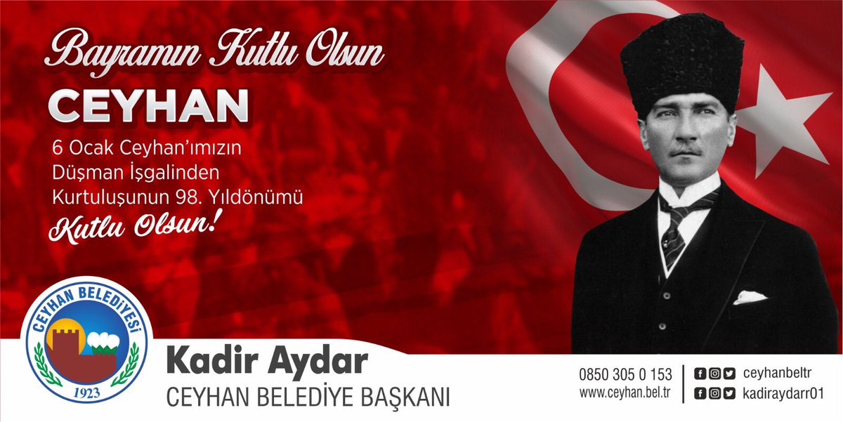 Yeni haftaya bayram sevinciyle başlıyoruz. Ceyhanımızın düşman işgalinden kurtuluşunun 98'inci yıldönümü kutlu olsun.Başkomutanımız Gazi Mustafa Kemal Atatürk önderliğinde kazandığımız bu kurtuluşa 98 yıldır sahip çıktık ve sahip çıkacağız.