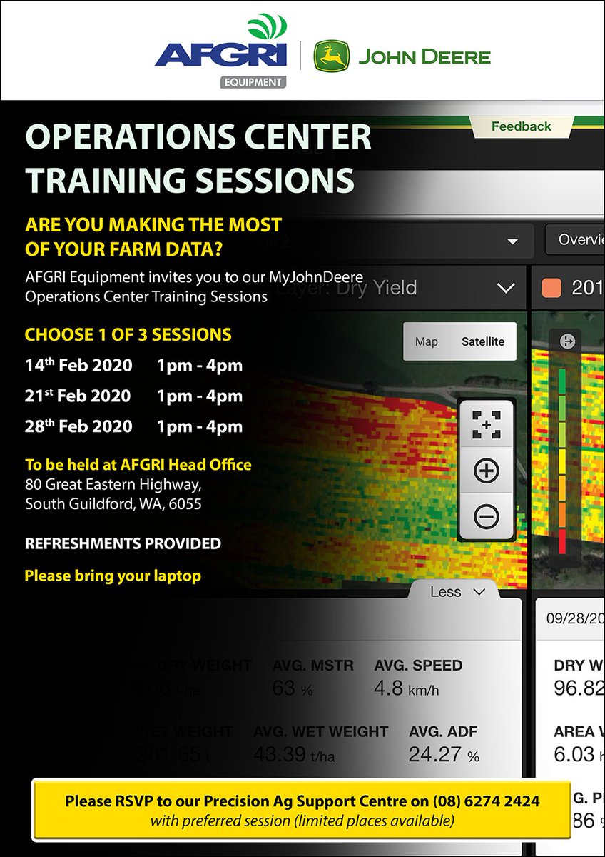Are you making the most of your farm data? Attend 1 of 3 <a href="/JohnDeere/">John Deere USA</a> operations center training sessions, held at our #AFGRI head office in South Guildford this February!

RSVP to our Precision Ag Support Centre on (08) 6274 2424 with preferred session (limited spaces available).