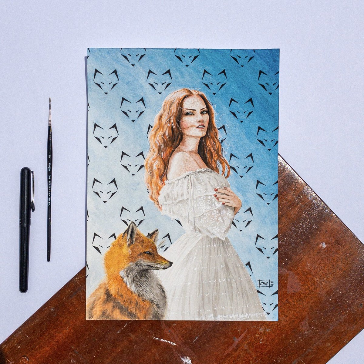 galaxiesofclare's tweet photo. Sofia the Wise 🖤 &amp; her fox...⭐️ Sofia is a princess from another planet, where a mind-link is possible between all creatures. Hence why she is pictured with her fox. 
#galaxiesofclare #illustration #oc #worldbuilding #fantasy #fox #watercolor #painting #lace https://t.co/ArIZ3oNfs1