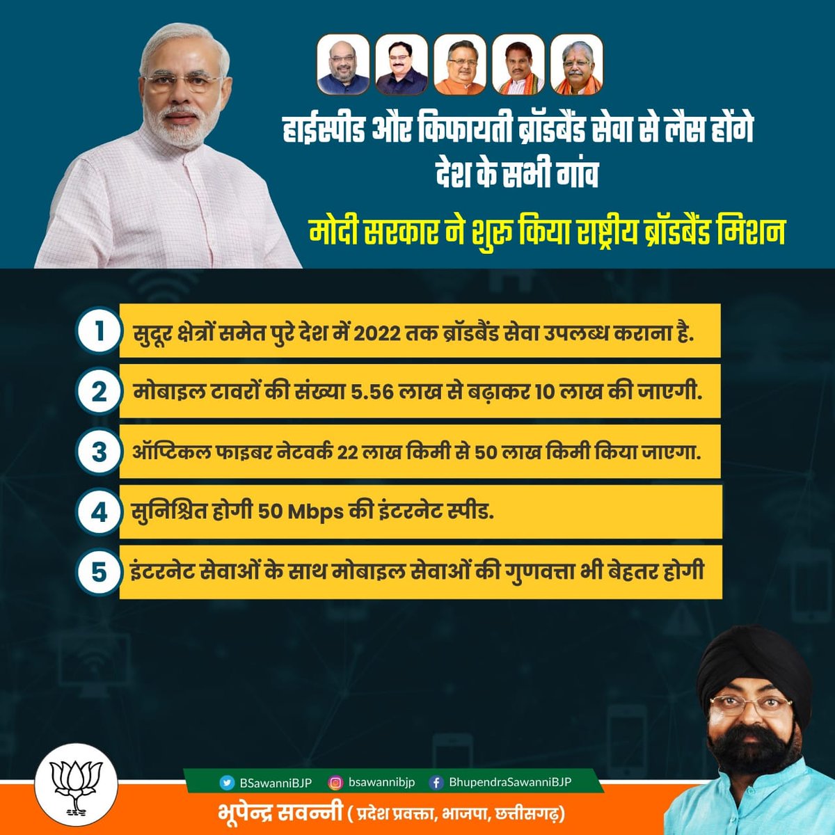 BSawanniBJP's tweet photo. मोदी सरकार, राष्ट्रीय ब्रॉडबैंड मिशन की शुरुआत कर सभी गांवो को हाईस्पीड और किफायती ब्रॉडबैंड सेवा से लैस कर रही है. इस मिशन के तहत मोबाइल टावरों की संख्या 5.56 लाख से बढ़ाकर 10 लाख की जाएगी साथ ही ऑप्टिकल फाइबर नेटवर्क 22 लाख किमी से 50 लाख किमी किया जाएगा. https://t.co/BApy3PR48r