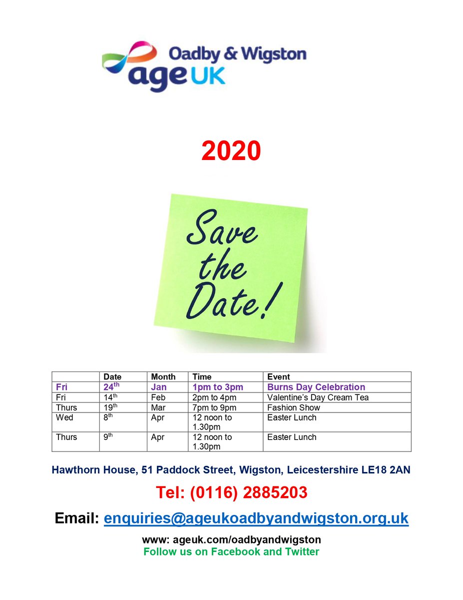 AgeUKOW's tweet photo. Are you planning your dates for 2020? Why not make a diary note to come along to some great events at Age UK Oadby &amp; Wigston.  Full details shown below.  Please retweet 😀 https://t.co/15wGj8oulU