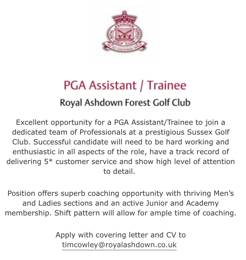 PGASouth (@pgasouth) on Twitter photo Great opportunity for an <a href="/ThePGA/">The PGA</a> Assistant or Trainee Professional at Royal Ashdown Forest GC.
<a href="/RoyalAshdownPro/">RAFGC Pro Shop</a> <a href="/RoyalAshdown/">Royal Ashdown Forest Golf Club</a>
pga.info/members/jobs-c… Great opportunity for an <a href="/ThePGA/">The PGA</a> Assistant or Trainee Professional at Royal Ashdown Forest GC.
<a href="/RoyalAshdownPro/">RAFGC Pro Shop</a> <a href="/RoyalAshdown/">Royal Ashdown Forest Golf Club</a>
pga.info/members/jobs-c…