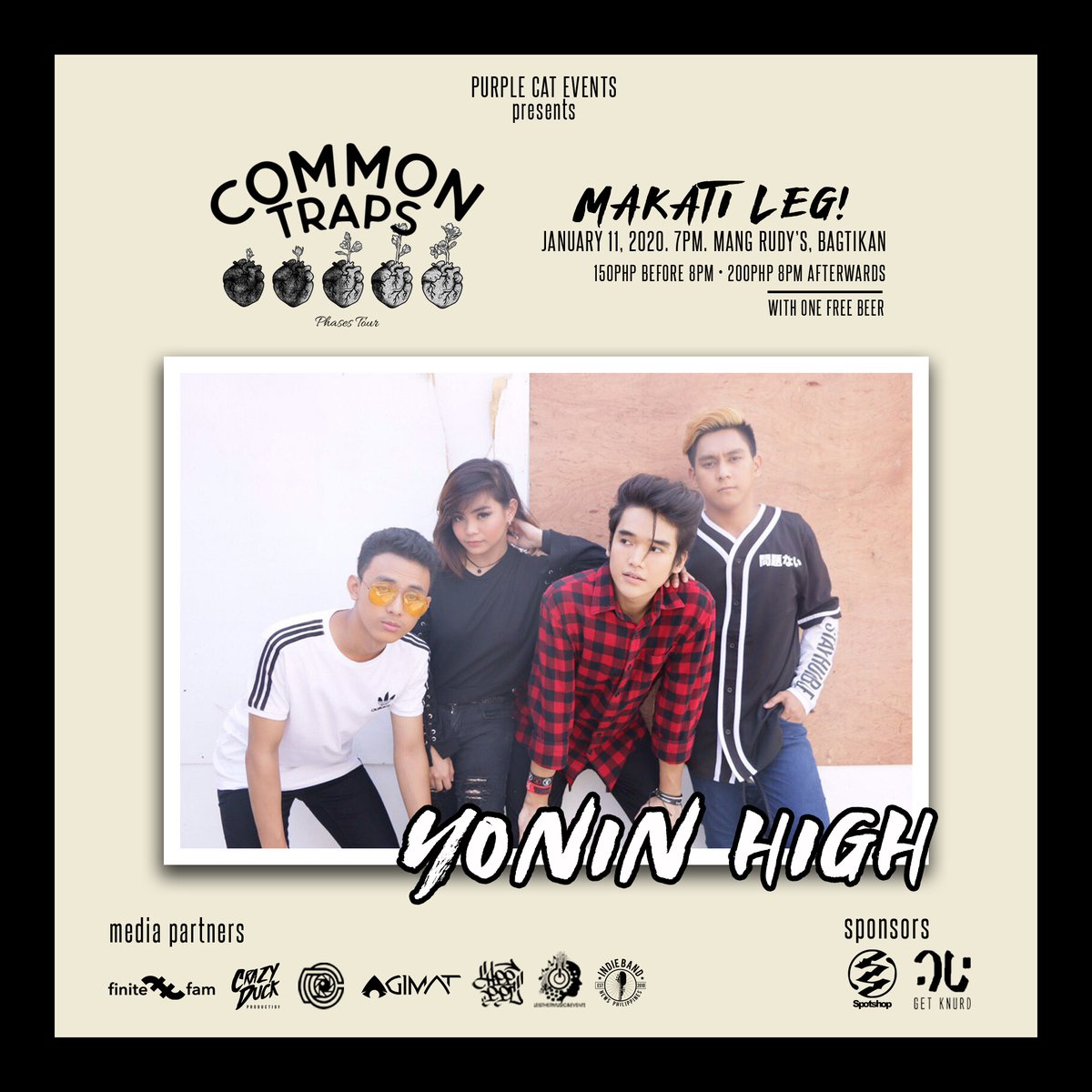 <a href="/CommonTrapsPH/">COMMON TRAPS</a> <a href="/finitefam/">Finite Fam</a> <a href="/YoninHigh/">Yonin High</a> <a href="/luncheonmusic/">LUNCHEON Music</a> <a href="/MNRMJRTY/">MNR MJRTY</a> <a href="/PalmeraSpringPH/">Palmera Spring</a> <a href="/crazyduckprod/">CrazyDuckProduction</a> <a href="/Spotshop2/">Spotshop</a> @Appppc_48 Yonin High is a punk band formed in 2019.

Watch them live on January 11, 2020, at Mang Rudy's for Common Traps Phases Tour Makati Leg!  Admission is 150 (before 8PM) &amp; 200 (8PM onwards) with 1 FREE Beer!

#PCEgigs #purplecatevents #MusicMNL #OPM #PhasesTour2020