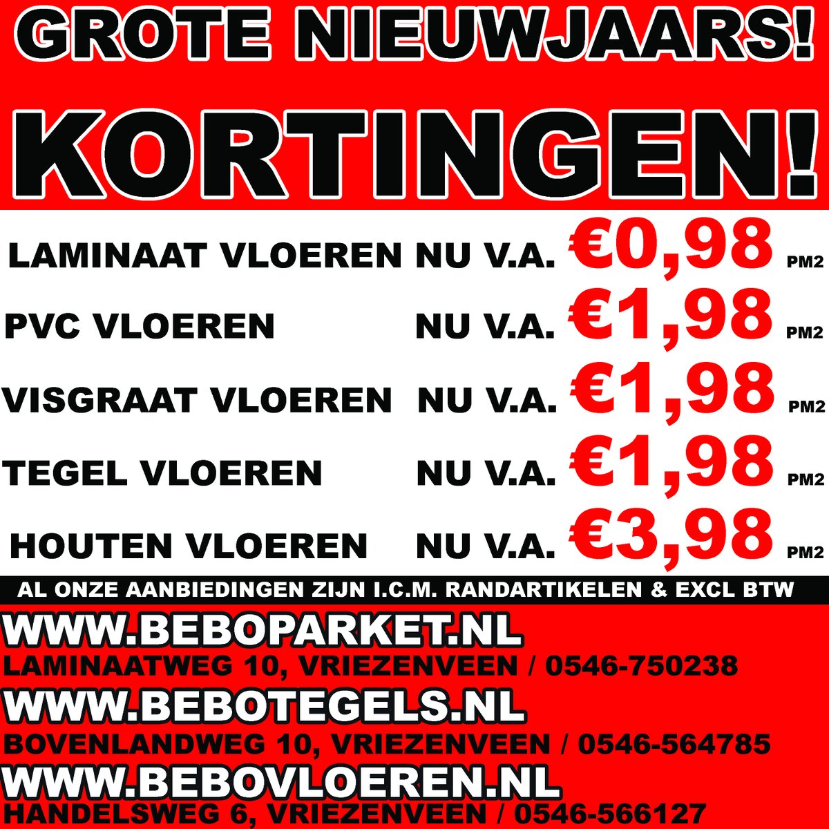Wij zijn weer geopend! 🥳🥳

Kom deze week langs! 🤩

Grote kortingen op vele vloeren van ons al v.a. €0,98 pm2 😍

Bebo Parket (groothandel voor particulieren)
Bovenlandweg 10, Vriezenveen (bij Almelo)
Tel. 0546-750238