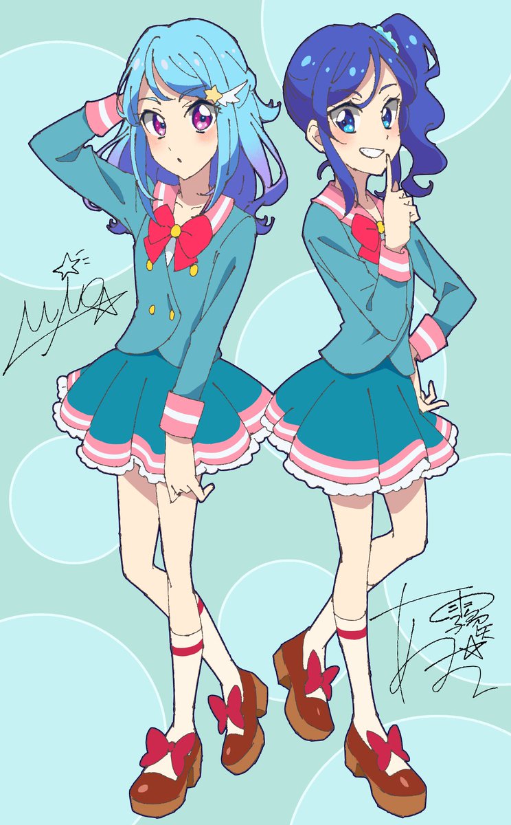 kiriya aoi multiple girls blue hair 2girls school uniform skirt signature blue eyes  illustration images