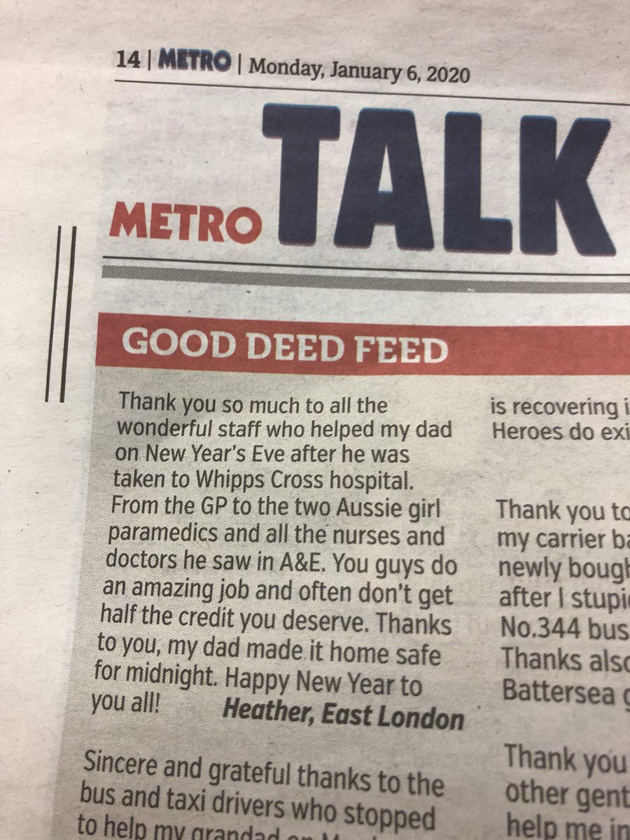 Alan Gurney 💙 (@alangurney6) on Twitter photo Some lovely appreciation in the #metro this morning for @WhippsCrossHosp <a href="/WhippsCrossED/">Whipps Cross Emergency Department</a> and <a href="/Ldn_Ambulance/">London Ambulance Service</a> keep up the good work all! 🙏👏🙏👏 Some lovely appreciation in the #metro this morning for @WhippsCrossHosp <a href="/WhippsCrossED/">Whipps Cross Emergency Department</a> and <a href="/Ldn_Ambulance/">London Ambulance Service</a> keep up the good work all! 🙏👏🙏👏