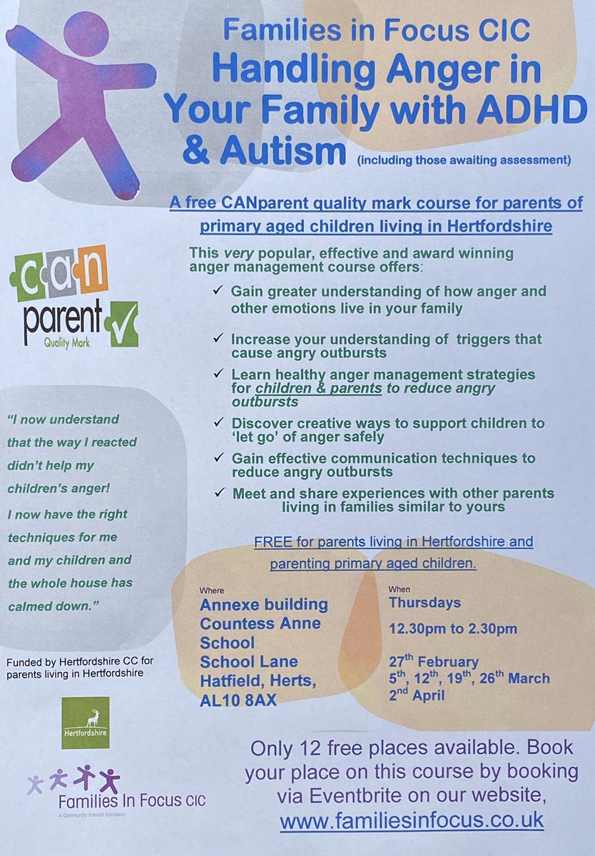 Accredited Handling Anger in Your family 6 week course starting Thursday 27th February in Hatfield
For parents of primary aged children. 

<a href="/HertsSCB/">Hertfordshire Safeguarding Children Partnership</a> <a href="/whtimes/">Welwyn Hatfield Times</a> <a href="/SendHerts/">SendHerts</a> @AdtWelwyn <a href="/StAlbansHF/">StAlbans Health Forum</a> <a href="/potential_kids/">Potential Kids</a> <a href="/stephstwogirls/">Steph’s Two Girls</a>