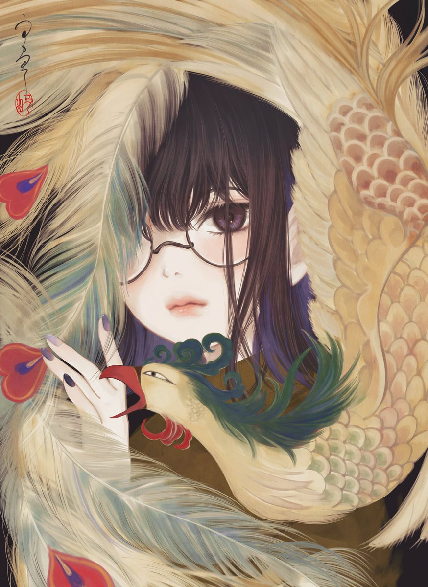 dragon eastern dragon glasses looking at viewer hair over one eye 1girl solo  illustration images