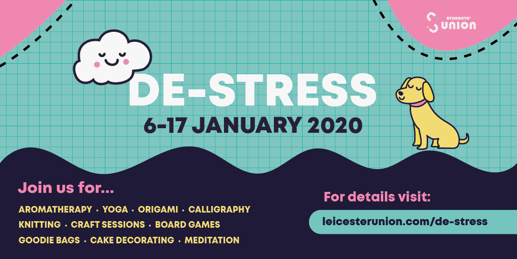 LeicesterUnion's tweet photo. Are you looking for:
🔘 Fun activities to get back into uni life?
🔘 A distraction from thinking about exams?
🔘 Downtime?

We’ve got just the thing! 💆 

Our Exam De-Stress schedule is now LIVE so check out the events on campus here.

Read more 👉 https://t.co/OFmYsrnupm https://t.co/nuAPgzQzKy