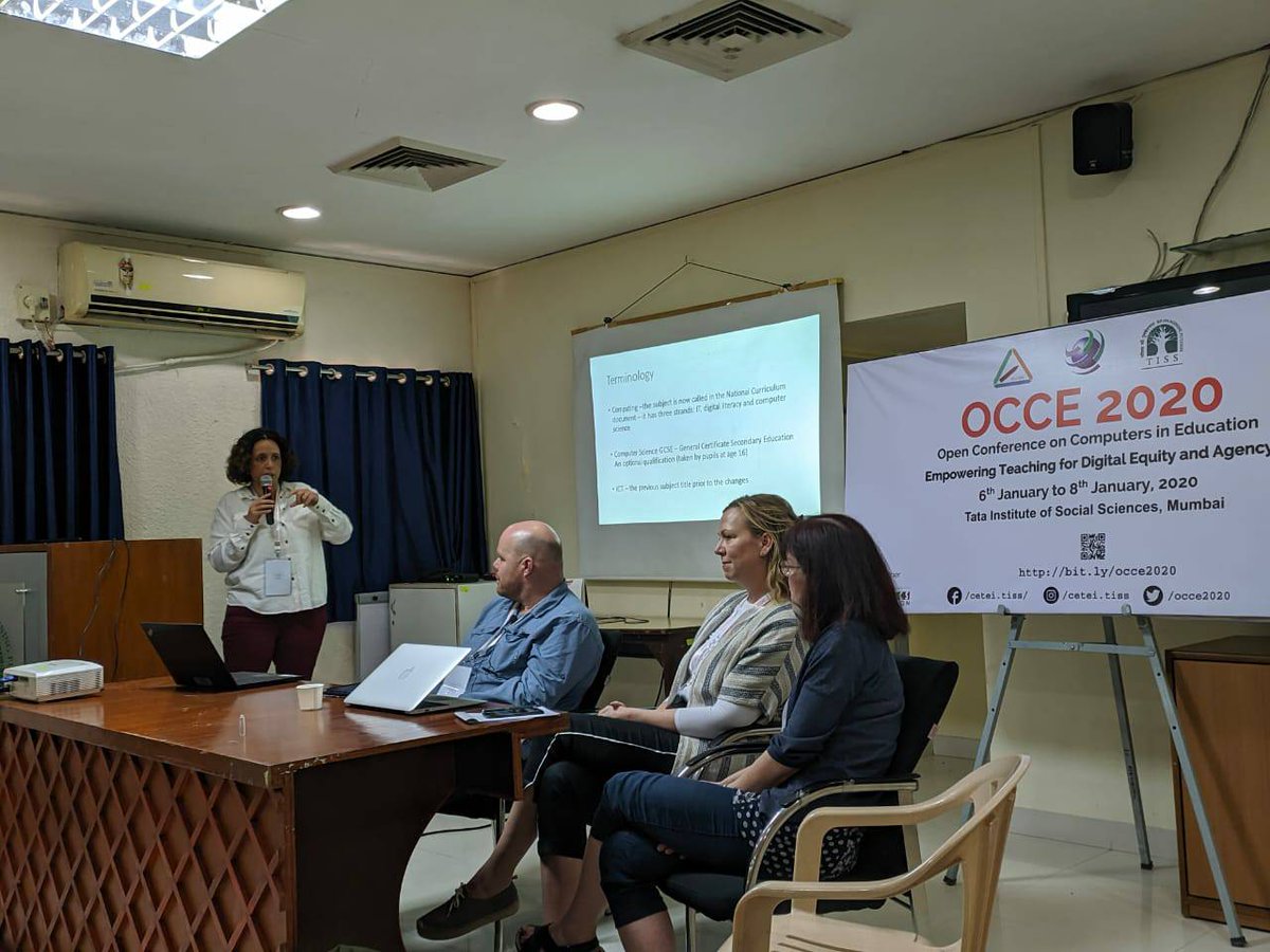 OCCE2020's tweet photo. Cathy Lewin, Eleanor Overland, Louis Hayes and Mick Chesterman presenting a symposium on Exploring Issues of Inclusion in Computing Education during OCCE 2020 conference at TISS, Mumbai campus

#OCCE2020 #IFIP #ictandeducation @TISSpeak https://t.co/qb2RRA5oNG