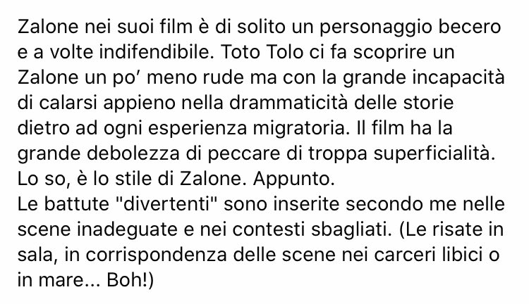 andinganso's tweet photo. Quello che penso di #Zalone e del film #tolotolo:
Il film ha la grande debolezza di peccare di troppa superficialità. Lo so, è lo stile di Zalone. Appunto. 
Per me è no per tanti motivi. https://t.co/k9Lx4FhGvH https://t.co/98zVG2aD0l