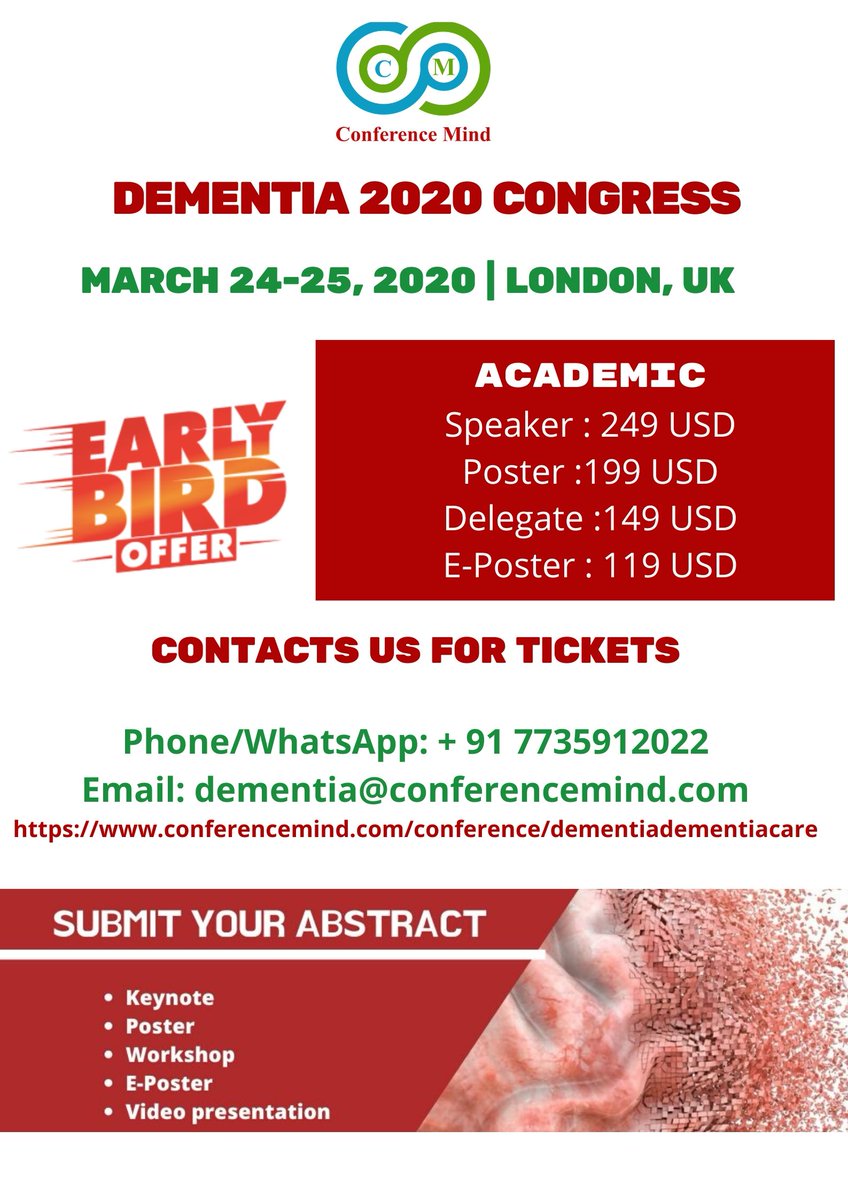 2020Dementia's tweet photo. @vialzaware 
Call for participation #Dementia_2020_Congress_London
#March_24
The scientific program includes
• Keynote &amp; plenary talks
• Video presentations
• Poster presentations
• E-posters.
please visit: https://t.co/QOEAqYmQaM https://t.co/eKuBQRpnNN