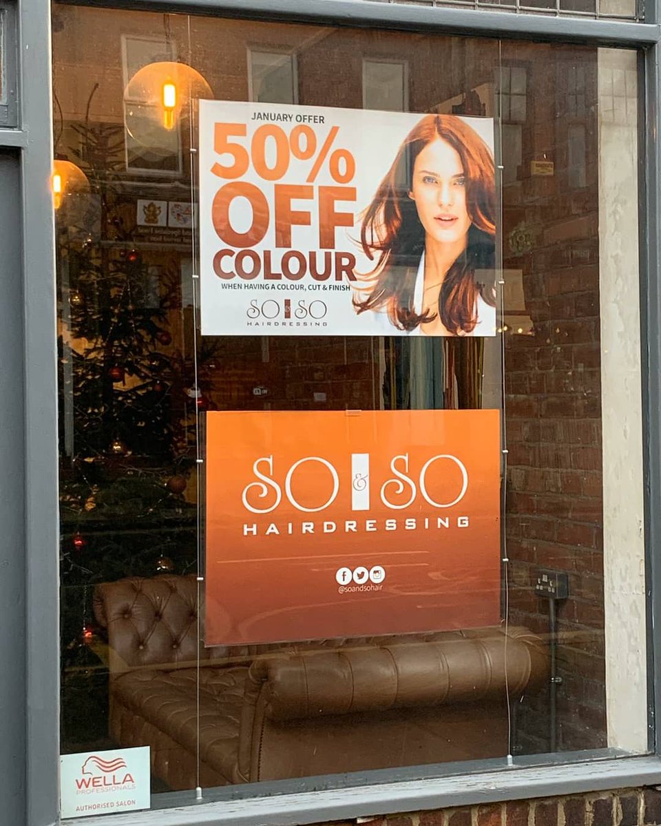 Orange4design's tweet image. I have worked with SO&amp;amp;SO HAIRDRESSING on branding, advertising and social media for years and love their start of year window displays!! 

We design and print indoor posters for their front windows on Park View | Whitley Bay for awesome offers in January, February and March!