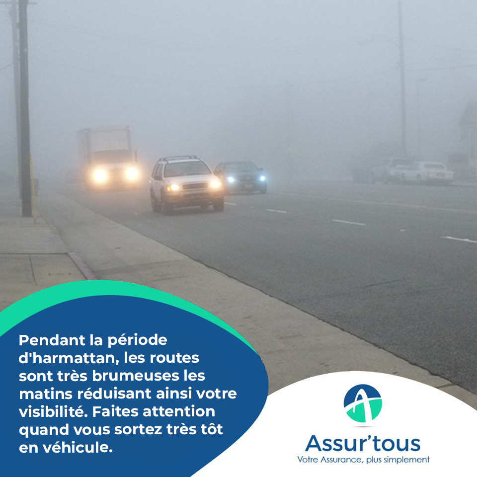 Assurtous's tweet image. Pendant la période d&apos;harmattan, les routes sont très brumeuses les matins réduisant ainsi votre visibilité. Faites attention quand vous sortez très tôt en véhicule.
Excellente Semaine
#Assurtous #Comparateur_dAssurance #Insurtech #CIV225