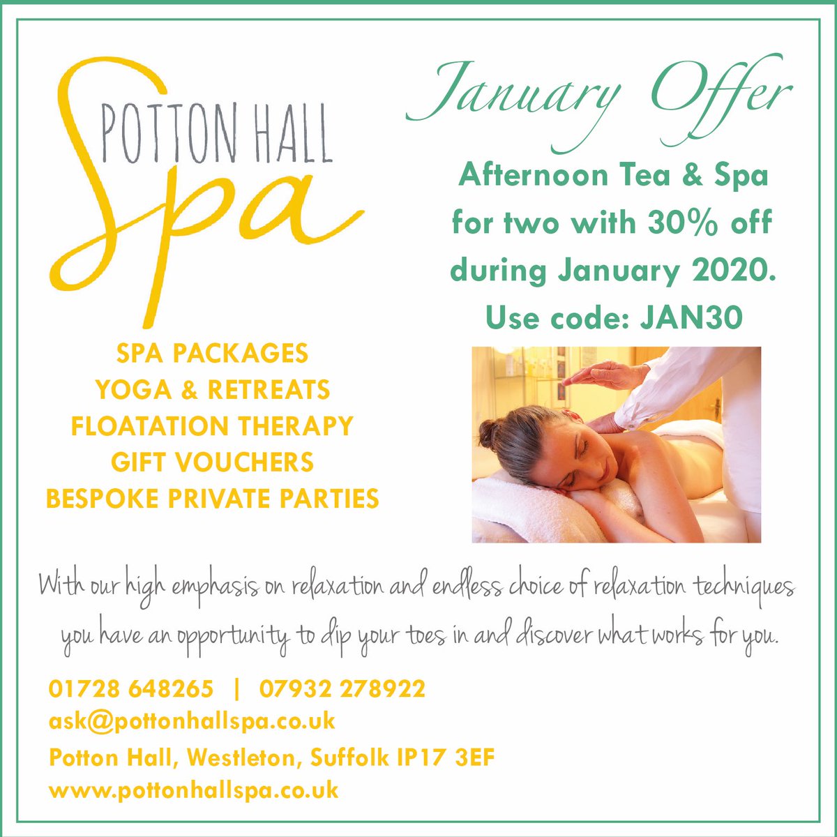 Treat yourself to this fantastic January offer of Afternoon Tea &amp; Spa at Potton Hall!
Book your space today to avoid missing out 🍰🥂

#january #offer #health #relax #spaday #afternoontea #treatyourself #suffolk #massage #sauna #hottub #steamroom   #magazines #tidecollection
