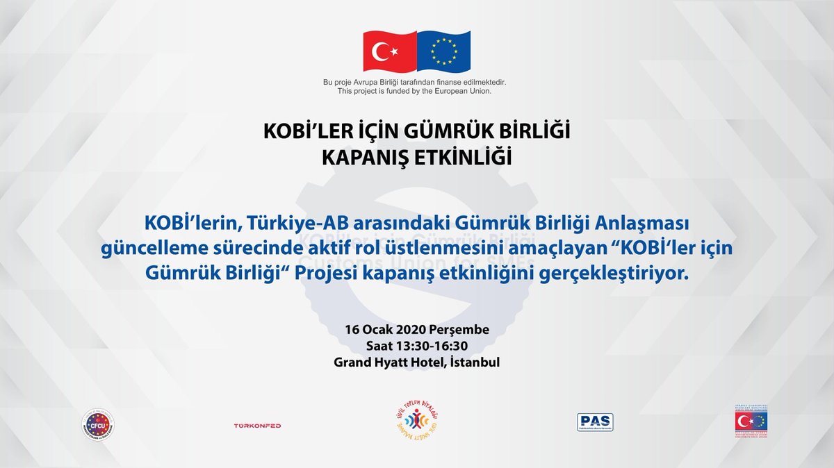 cuforsmes's tweet photo. 📢 "KOBİ'ler için Gümrük Birliği" projesinin kapanış etkinliğinde buluşalım! Lcv için: gsengun@turkonfed.org
🗓 16 Ocak 2020
🕑 Saat 13:30-16:30
📍Grand Hyatt Hotel, İstanbul
#türkonfed #siviltoplumdiyaloğu #siviltoplumsektörü #cuforsmes #kobileriçingümrükbirliği https://t.co/bJNdPqdDYo