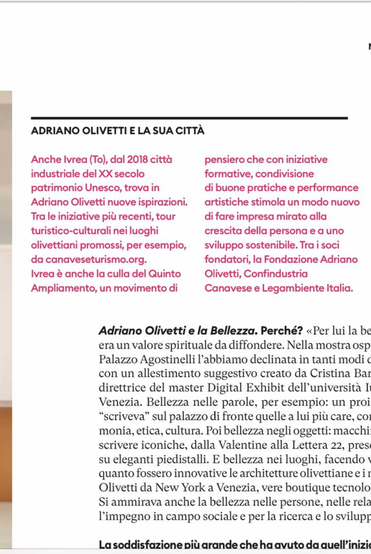 myriamdefilippi's tweet photo. Quanto del pensiero e dell’azione di #AdrianoOlivetti ispira oggi progetti e azioni (a #Ivrea e non solo)? Ne parla su @DonnaModerna #LuciaCuman ideatrice della mostra Adriano Olivetti e la bellezza premiata alla #trevisocreativityweek. @EdComunita @qampliamento @Fond_A_Olivetti https://t.co/HawunrxffU