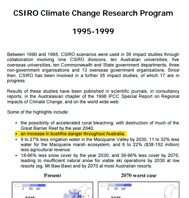 chaser's tweet photo. @BenPennings Here's a report from the CSIRO in 1999 talking about how in the early 90s they knew climate change would cause worse bushfires, Barrier Reef bleaching, and the Murray Darling to dry up. All of that has happened. @newscomauHQ, @7NewsAustralia, @SBSNews, @9NewsAUS You're welcome. https://t.co/aHSvDeKFuy