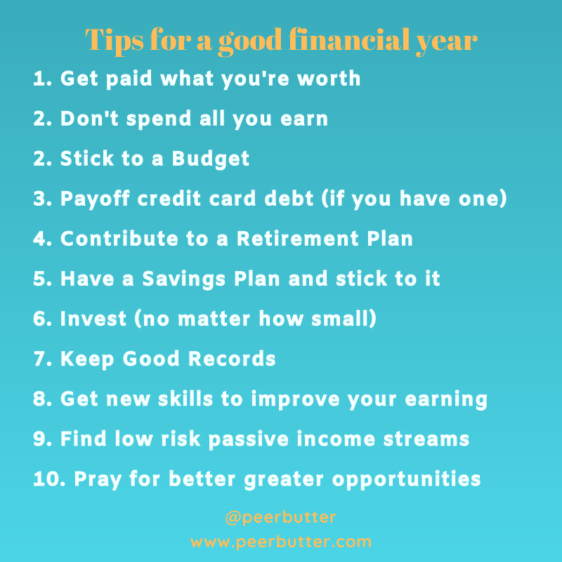 peerbutter's tweet photo. Some tips for a good financial year:

1. Get paid what you're worth
2. Don't spend all you earn
2. Stick to a Budget
3. Payoff credit card debt (if you have one)
4. Contribute to a Retirement Plan
5. Have a Savings Plan and stick to it

See more on image / thread... #MoneyMonday https://t.co/wJfMqERI6F