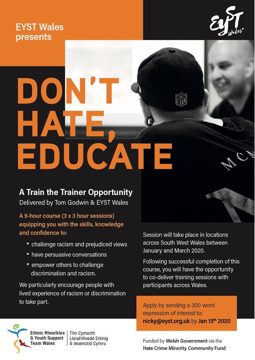 Amazing opportunity to take part in anti-racism train-the-trainer training as part of our <a href="/WelshGovernment/">Welsh Government</a> funded ‘Don’t Hate, Educate’ project 👊🏽contact Nicky@eyst.org.uk - apply by 15th Jan    - please share <a href="/RHassanKhan/">Riaz Hassan</a> <a href="/RivkiRose/">Becca Rosenthal</a> <a href="/VictimSupportHC/">Victim Support Hate Crime Team</a> <a href="/swpolice/">South Wales Police</a> <a href="/AntiRacismDay/">Stand Up To Racism</a>