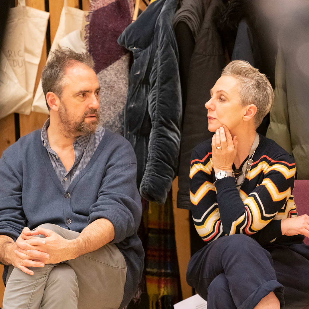 NationalTheatre's tweet photo. "But no one ever really leaves, anyplace, anything, don't you think?"

Lesley Manville and Hugo Weaving with #TheVisit company and director Jeremy Herrin in rehearsals. https://t.co/OKtKNpSEjF