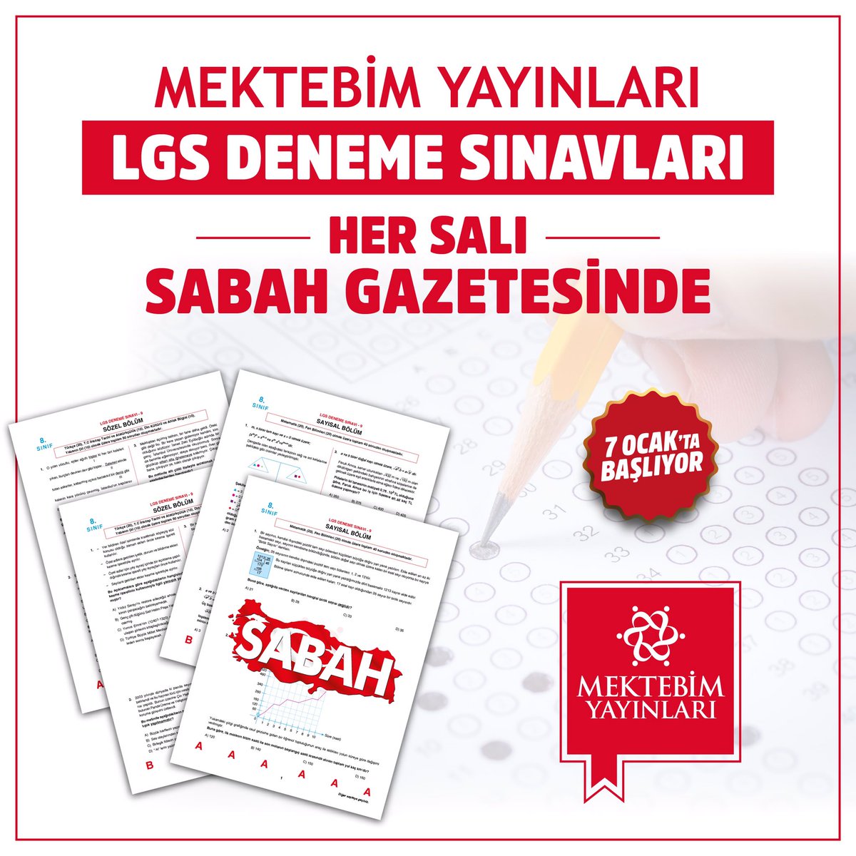Mektebim Yayınlarının hazırladığı “LGS Deneme Sınavı” 7 Ocak’tan itibaren her salı Sabah Gazetesinde.
#MektebimKoleji #SabahGazetesi