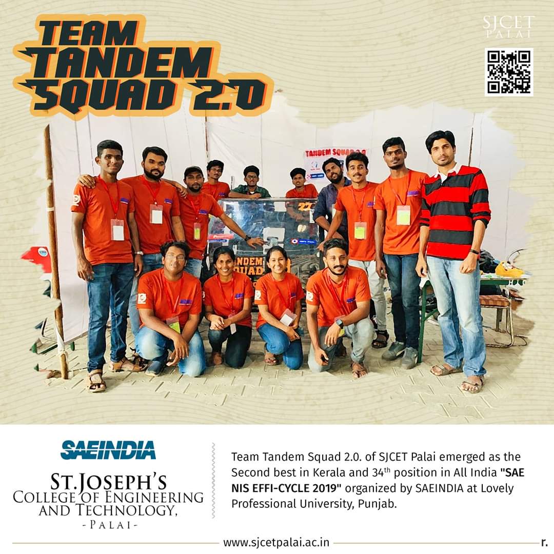 SJCET_PALAI's tweet image. EFFI-CYCLE team of SJCET Palai, Tandem Squad 2.0 emerged as second best in Kerala and 34th position in all India &quot;SAE NIS EFFI-CYCLE 2019&quot; competition organized by SAEINDIA at Lovely Professional University, Punjab.
#sjcet #sjcetpalai #efficycle 
 #SAE #NationalEfficycle2019
