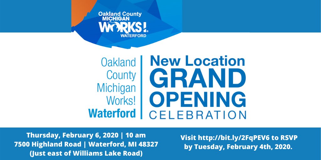 OaklandMIWorks's tweet photo. Save the date!! Join us for the Grand Opening Celebration at @WaterfordMIWork on Thursday, February 6, 2020, at 10 am. The Waterford staff is looking forward to seeing you! RSVP at https://t.co/WrWYSq0LJW #MIWorks https://t.co/uLWL2xGW8w