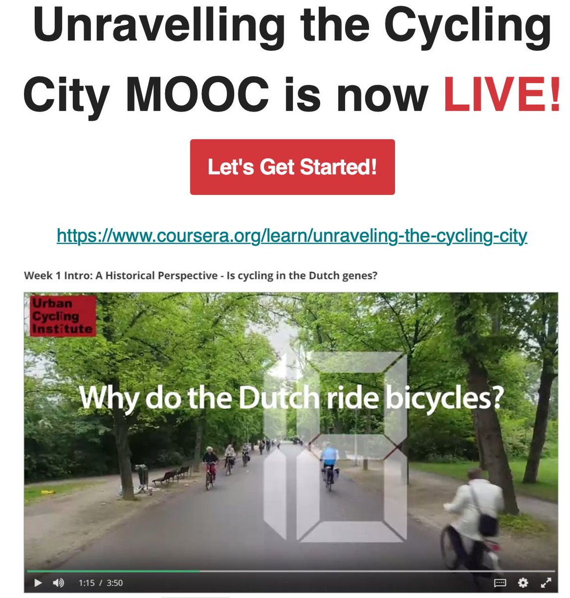 Do you want to:
🚲 Learn what makes cycling cities work?
🚲 Understand how cycling helps societies thrive?
🚲 Become a CERTIFIED cycling expert?

 <a href="/UvA_Amsterdam/">UvA Amsterdam</a> &amp; @Coursera now offer the world's first certified MOOC on urban cycling!

Sign up: coursera.org/learn/unraveli…