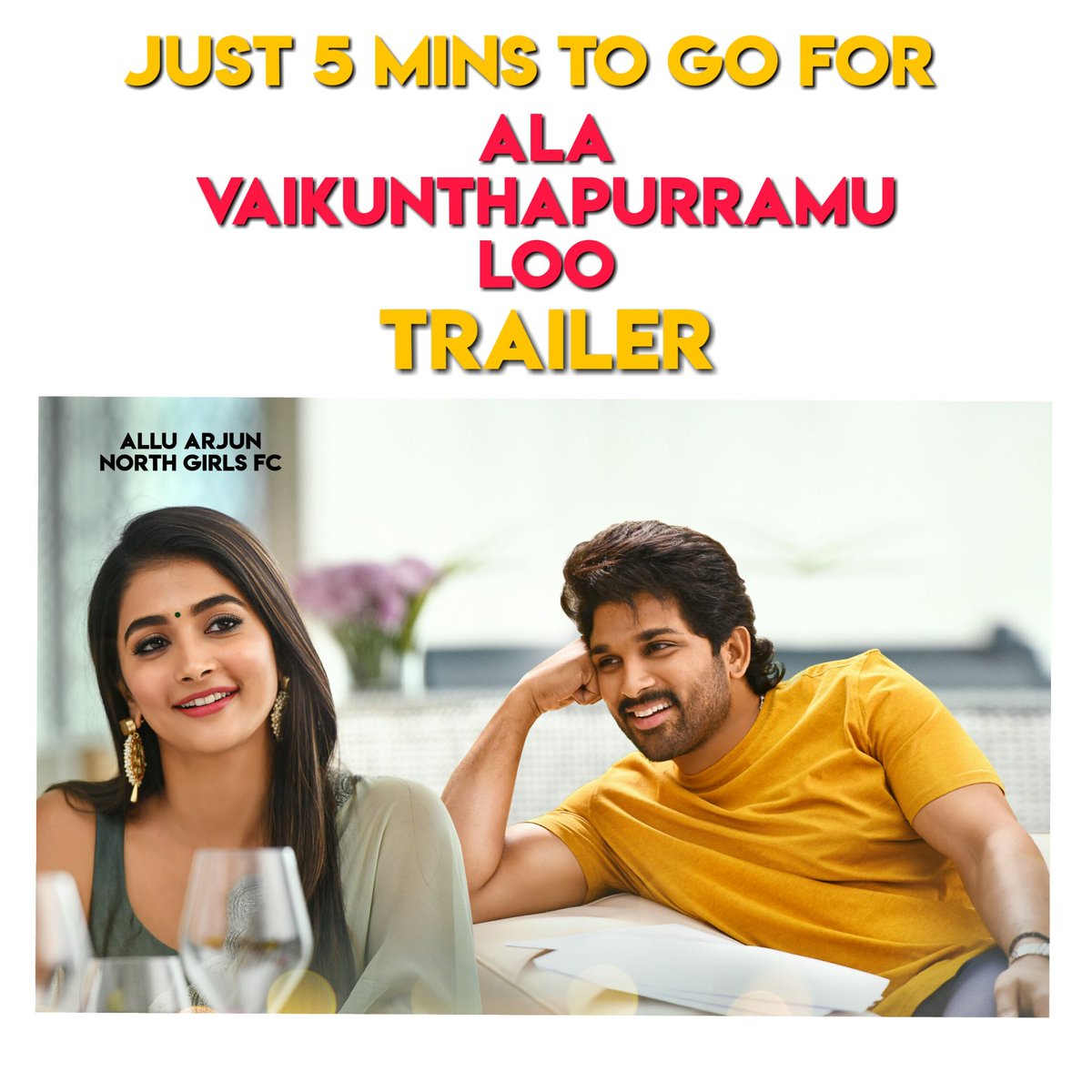 Just 5 mins to go for
#AlaVaikunthapurramuloo Trailer 😍🔥🔥
#AlaVaikunthapurramulooTrailer 
#AVPLMusicConcert 
#AVPLTrailer