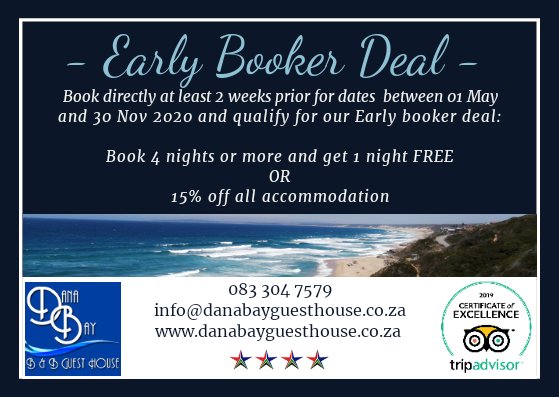 Ronell Dreyer (@ronelldreyer) on Twitter photo Take advantage of our Early Booker Deal!
Book in advance and SAVE!
083 304 7579
info@danabayguesthouse.co.za
danabayguesthouse.co.za Take advantage of our Early Booker Deal!
Book in advance and SAVE!
083 304 7579
info@danabayguesthouse.co.za
danabayguesthouse.co.za