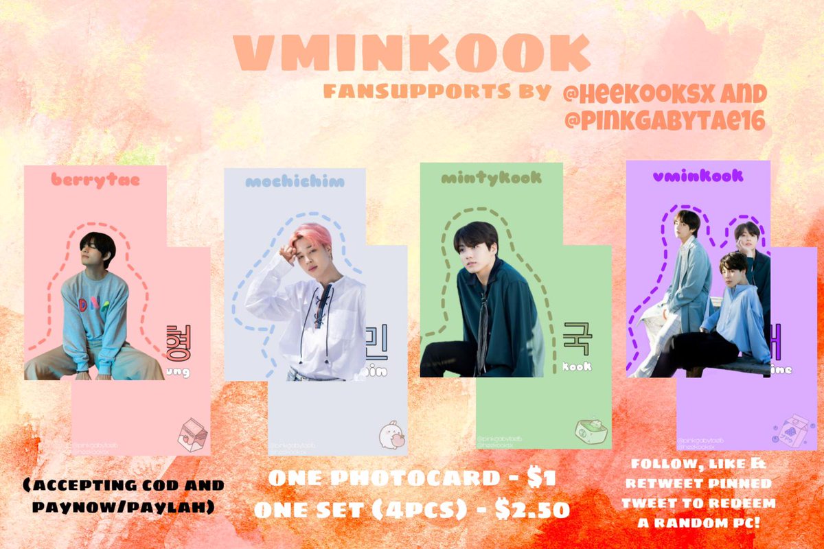 flowerypink_'s tweet photo. [HELP RT/SG ONLY]

VMINKOOK FANSUPPORT 🐣
to redeem one random pc:
💜follow @heekooksx and @pinkgabytae16
💜like and retweet pinned tweet
💜receipt check
❌NO RESELLING
❌no choosing
🌱DM for trades 
🌱for reservations, do fill up the form in the link provided below https://t.co/QGB7uQGAz3