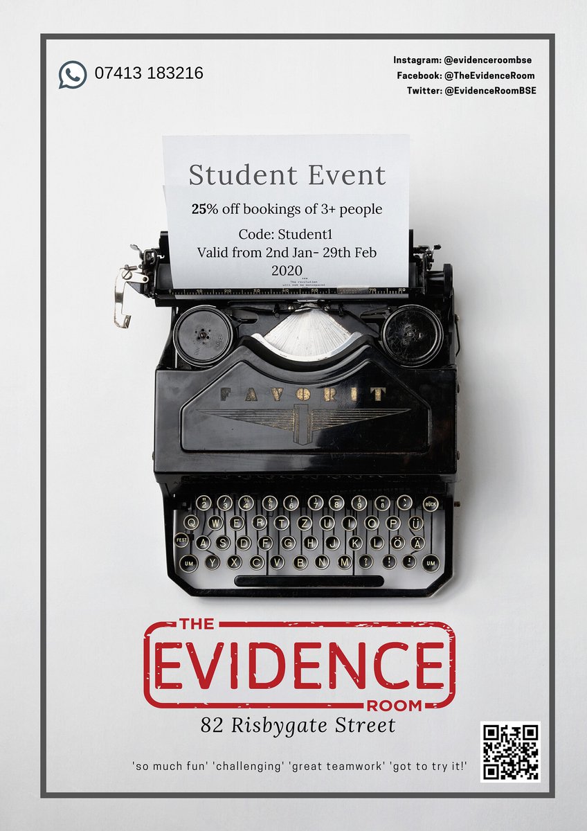 #EscapeRoom 25% off bookings of 3+ people in the Aztec and Gedding <a href="/EvidenceRoomBSE/">Evidence Room BSE</a> #escaperooms until 29 February. To book, call 07413 183216 and quote code 'Student1'. The Evidence Room in #BuryStEdmunds is open 10am-10pm every day. Go to evidenceroom.co.uk for more info.