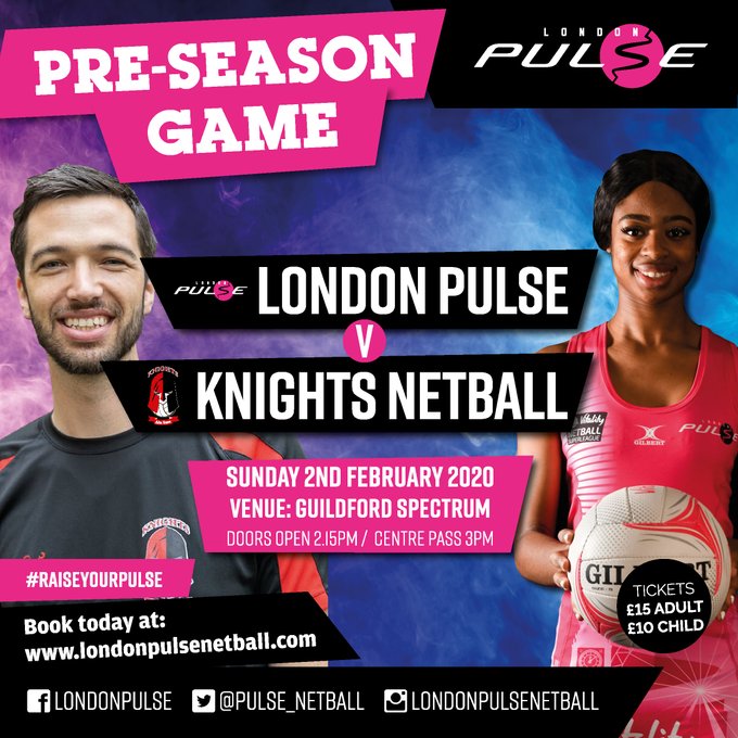 Ticketline's tweet photo. This February! As they prepare for a triumphant season of the @NetballSL in 2020, don't miss @Pulse_Netball take on @KnightsNetball in a spectacular battle of the sexes at the first pre-season friendly of the year at #Guildofrd's @GfdSpectrum! Tickets: https://t.co/L2vQyDMF6Q https://t.co/akWiRFwCOp