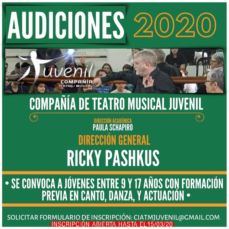 Audicion para ingresar a la <a href="/CompaniaTMJ/">Compañía TM Juvenil</a>. 
Jóvenes entre 8 y 17 años.