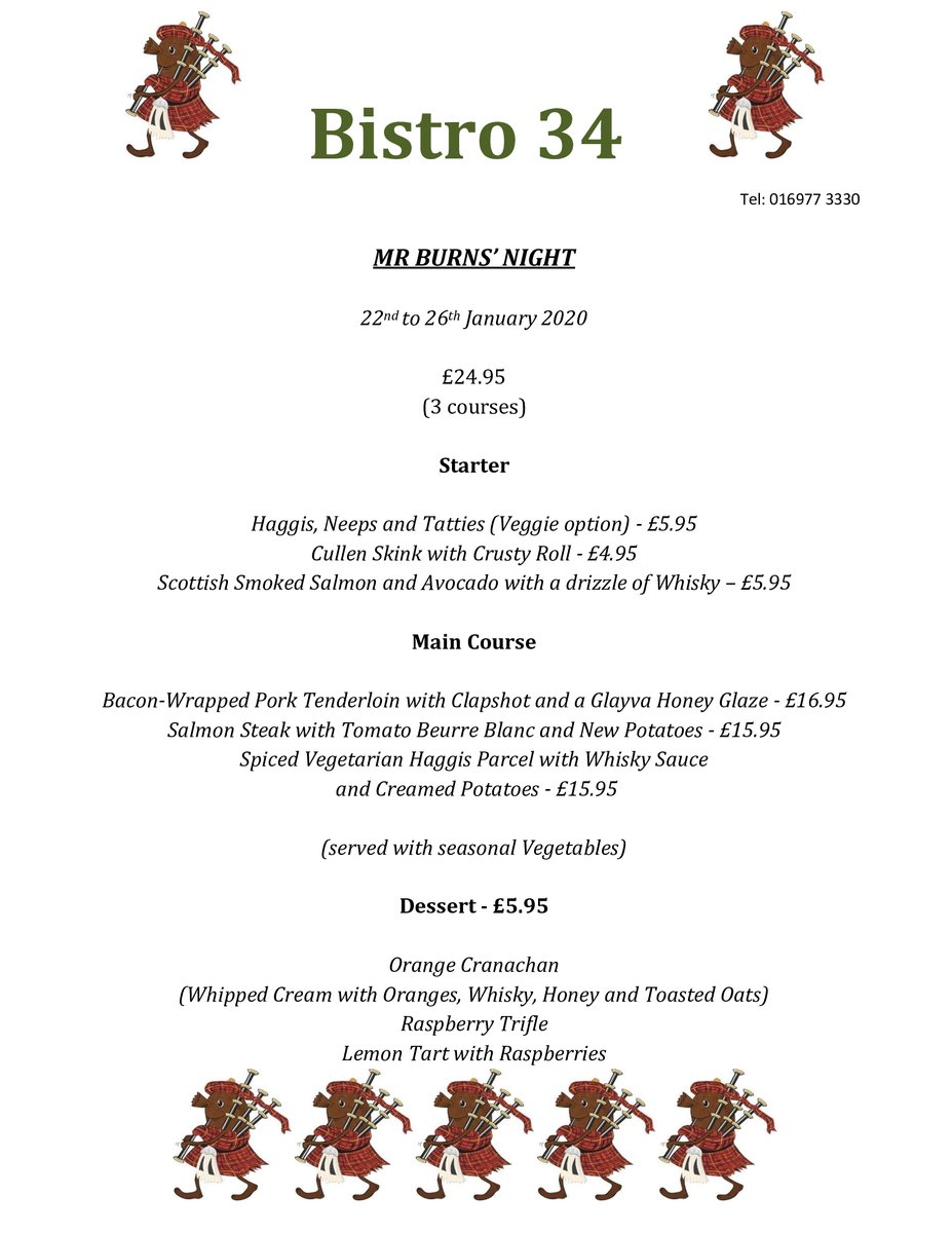 To book a table, either phone 016977 3330 or email gillian@bistro34.co.uk. You could try Pigeon but they seem to get lost en route!