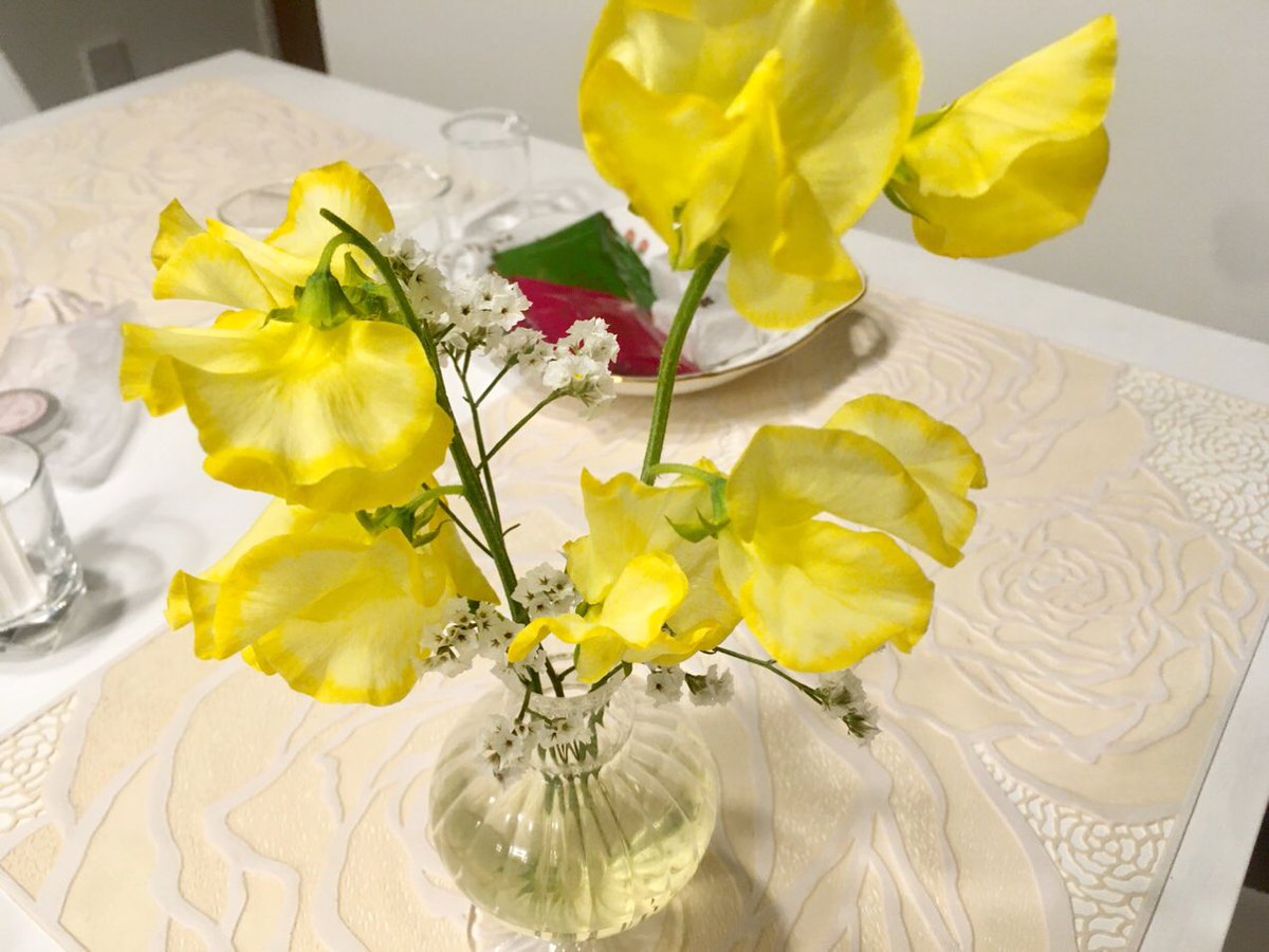 明田るみ 酒好きアロマ講師 今朝買った 黄色のスイートピー スイートピーは 吸い上げで着色してるとは 聞いたことがあったけど 花瓶に挿して数時間で 花瓶の水が黄色くなってる スイートピー大好きなんだけど なんだかなー 自然と人工の間 花が好き