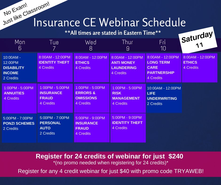 EITINS's tweet photo. Don't put off your #CE this year! Start this week with our live #webinars. Earn credits from your home or office with #NoExams! Register now at: https://t.co/AYIEqisVhL
.
.
#EasyCE #InsuranceCE #insurance https://t.co/03pDlFMn2s