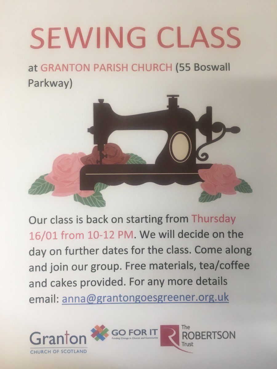 GreenerGranton's tweet photo. We are getting ready to restart our #FreeSewingClass at #GrantonChurch. First class next Thursday-16/01 from 10-12. We will try to decide on the day about further dates/ time. Free materials and refreshment, all level of sewing welcome. Keep checking our social media for updates. https://t.co/YraHipQJBA