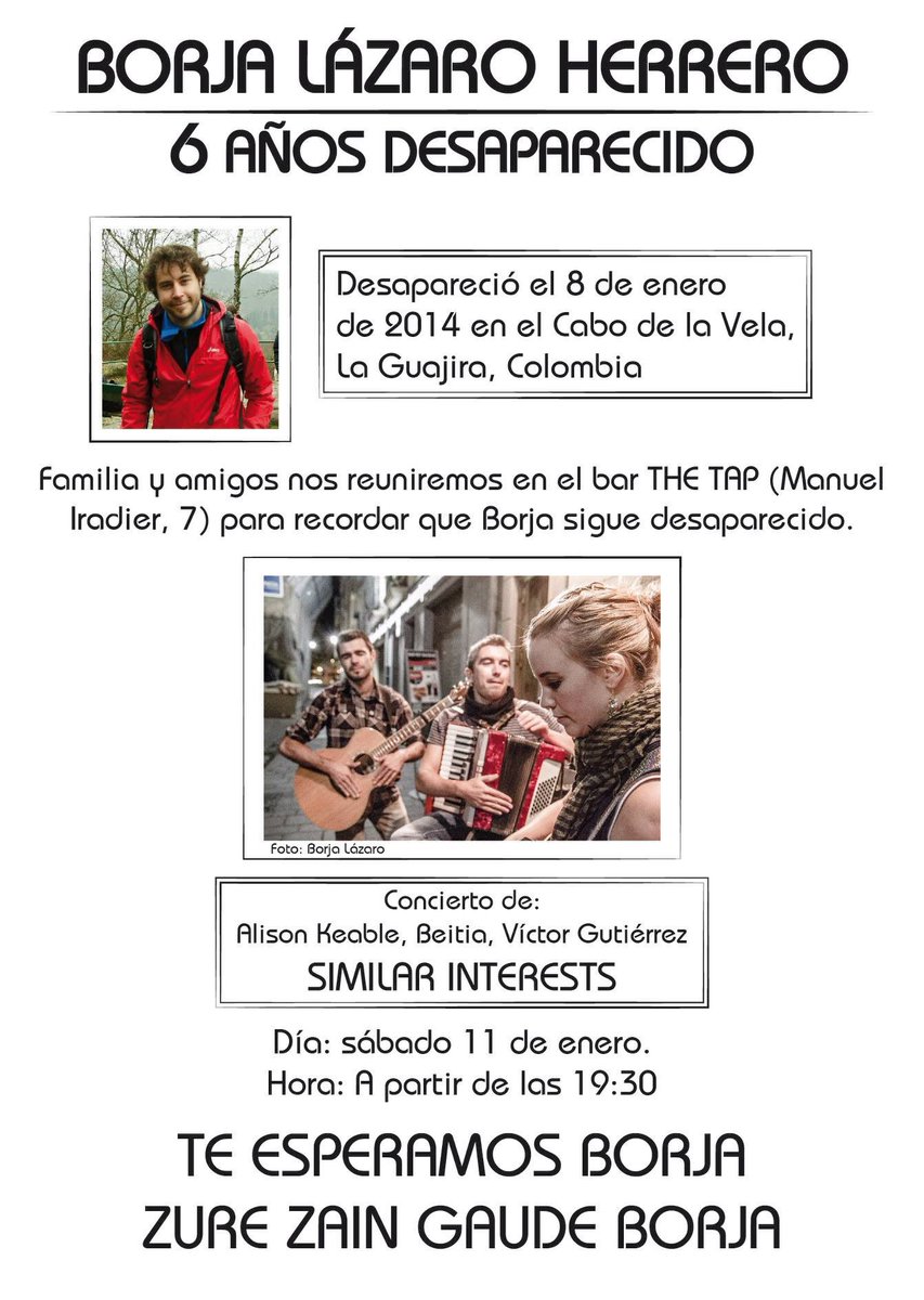 El 8 de enero hará 6 años que Borja desapareció en Colombia.
Recordaremos que Borja sigue desaparecido con un concierto el sábado día 11.
#sosdesaparecidos <a href="/QSDglobal/">QSD desaparecidos</a> <a href="/sosdesaparecido/">ALERTA DESAPARECIDOS</a> @INTER_SOS