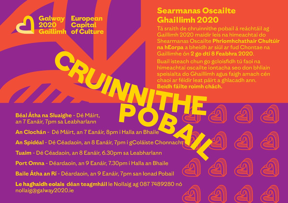 The week-long #Galway2020 opening ceremony will see  fiery celebrations erupt in towns and villages across the county culminating in the city on 8 Feb. This week, we're holding community meetings in each town to give an insight into what to expect and info on how to get involved.