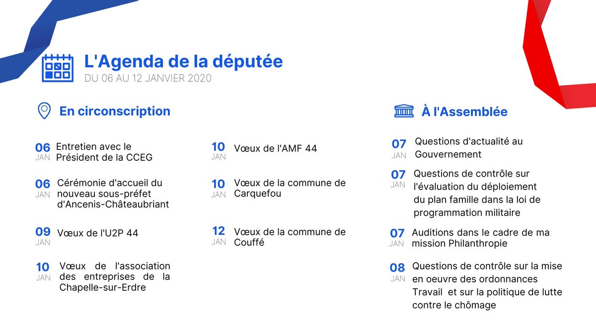 sarahelhairy's tweet photo. Retrouvez dans mon agenda 📆 mes activités pour la semaine à venir : #DirectAN #QAG #SemaineDeContrôle #Philanthropie #Voeux2020 #AMF44  @VilleCarquefou #Couffé https://t.co/Cn1USoTbbZ