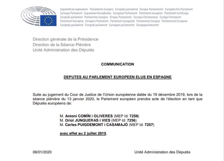 josepcosta's tweet photo. El Parlament Europeu comunica oficialment que @krls @junqueras i @toni_comin són eurodiputats des del 2 de juliol del 2019. https://t.co/T9o0hzAdPW