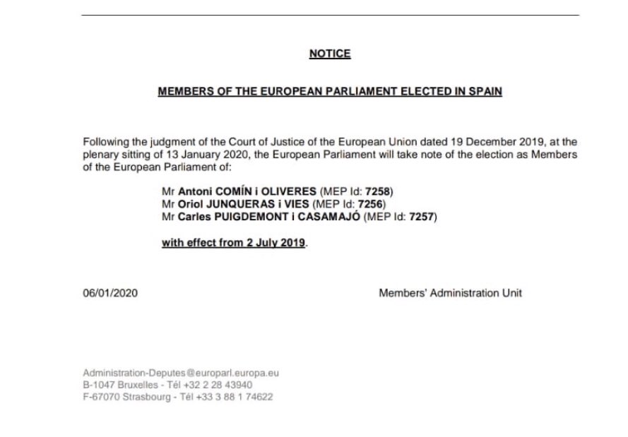 josepcosta's tweet photo. El Parlament Europeu comunica oficialment que @krls @junqueras i @toni_comin són eurodiputats des del 2 de juliol del 2019. https://t.co/T9o0hzAdPW
